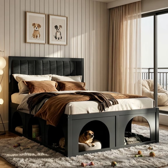 Queen Size Pet-Friendly Platform Bed with Under-Bed Pet Nooks, Heavy Duty Wooden Storage Bed Frame with Padded Headboard