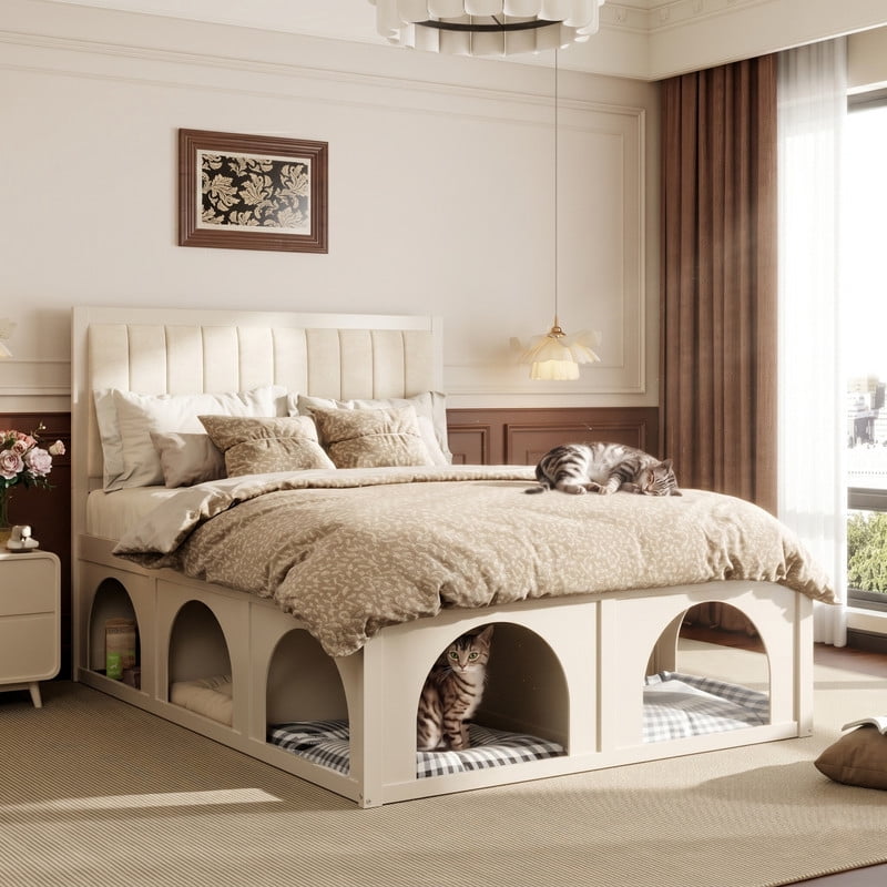 Queen Size Pet-Friendly Platform Bed with Under-Bed Pet Nooks, Heavy Duty Wooden Storage Bed Frame with Padded Headboard