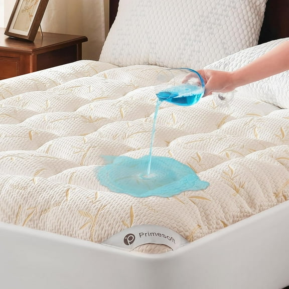 Queen Size Pillow Top Mattress Topper with Waterproof Protector Cover Beige