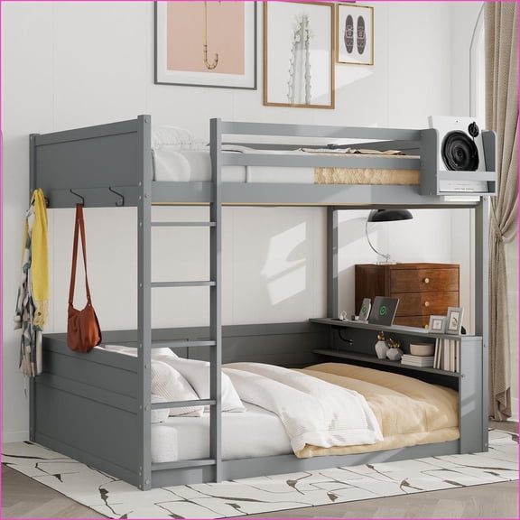 Queen Size Pine Wood Bunk Bed with Built-in Storage, LED Light & USB Charging  Grey, Space-Saving for Bedrooms