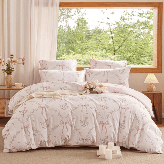 Queen Size Pink Bow Floral Comforter Set 3 Pieces Neutral Farmhouse Bedding Set