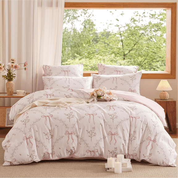Queen Size Pink Bow Floral Comforter Set 3 Pieces Neutral Farmhouse Bedding Set