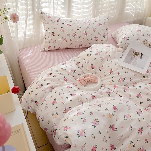 Queen Size Pink Tiny Floral Duvet Cover Set Reversible Pink Grid Check & Small Flower Print Soft Microfiber Comforter Cover Sweet Girly Cottage Bedding Set