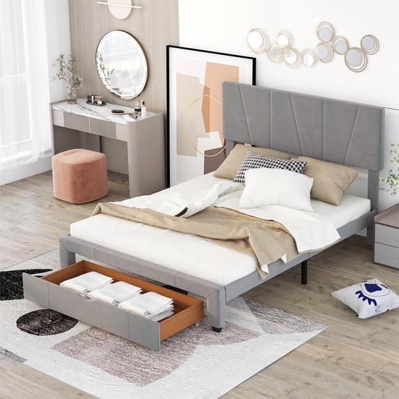 Queen Size Platform Bed with 1 Large Storage Drawer, Velvet Upholstered Wood Queen Bed Frame with Adjustable Headboard and Underbed Space for Kids Adults Bedroom, Gray
