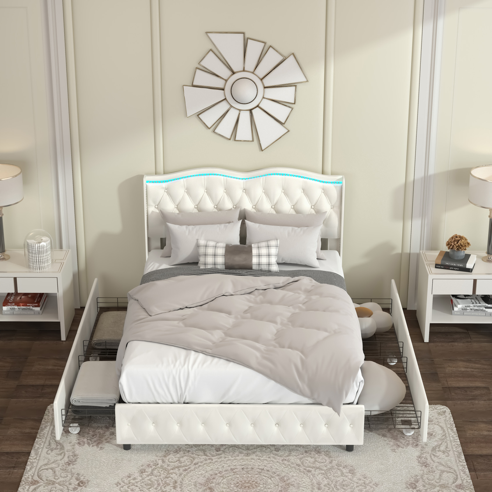 Queen Size Platform Bed with 4 Drawers,Velvet Upholstered Bed Frame ...