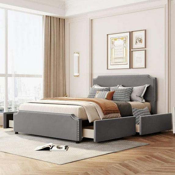 Queen Size Platform Bed with 4 Side Drawers,Upholstered Velvet Storage Bed Frame with Stud Trim Headboard and Footboard,Solid Wood Slats Support,No Box Spring Needed
