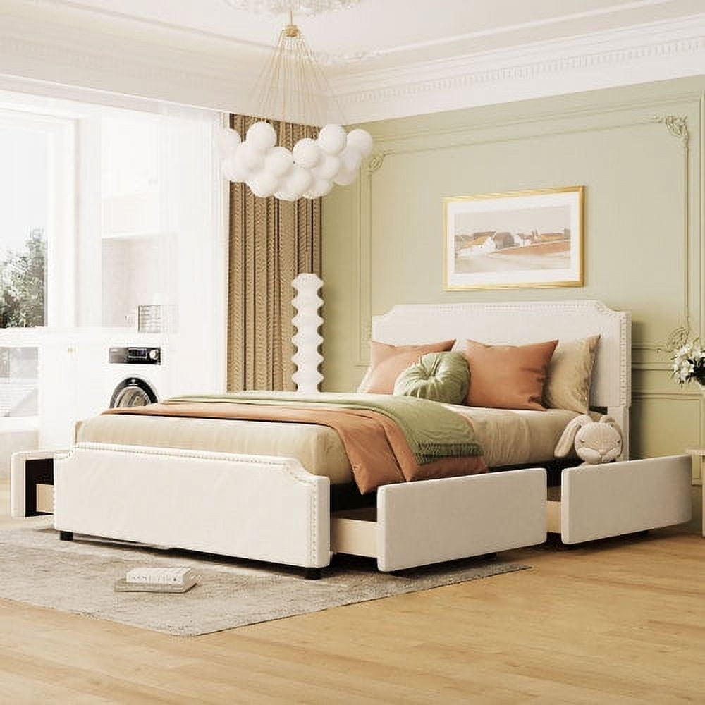Upholstered storage platform bed outlet with side drawers