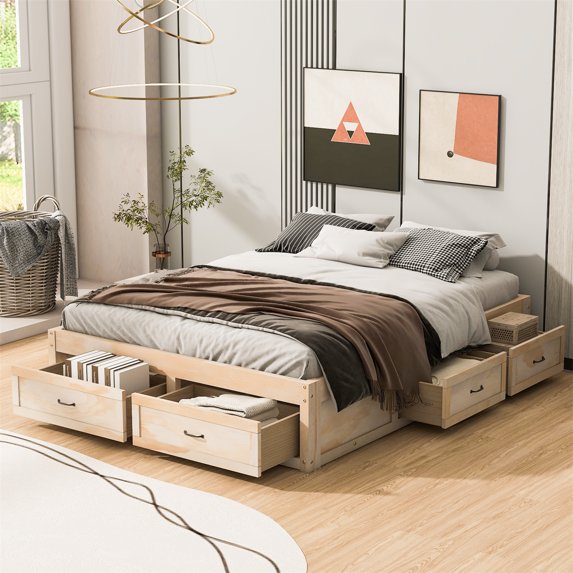 Queen Size Platform Bed with 6 Storage Drawers, Rustic Style Wooden Floor Bed Frame with Sturdy Wood Slats Support, 650 LBS Capacity Daybed for Adults, No Box Spring Needed