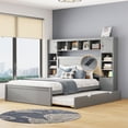 thumbnail image 1 of Queen Size Platform Bed with All-in-One Cabinet and Shelf, Storage Bed with Trundle, 2 Drawers and Bookcase Headboard, Solid Wood Bed Frame with Slats Support, No Box Spring Needed, Gray, 1 of 9