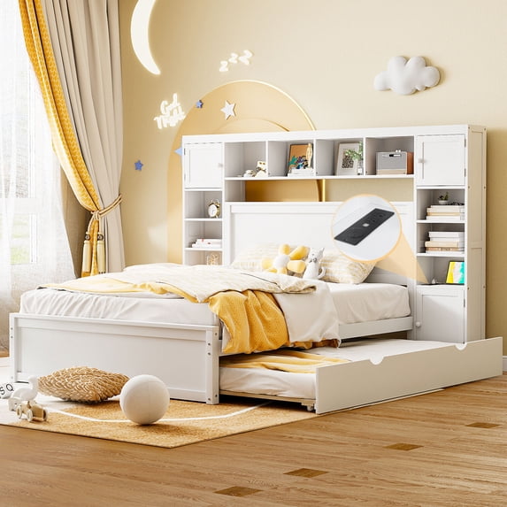 Queen Size Platform Bed with All-in-One Cabinet and Shelf, Storage Bed with Trundle, 2 Drawers and Bookcase Headboard, Solid Wood Bed Frame with Slats Support, No Box Spring Needed, White