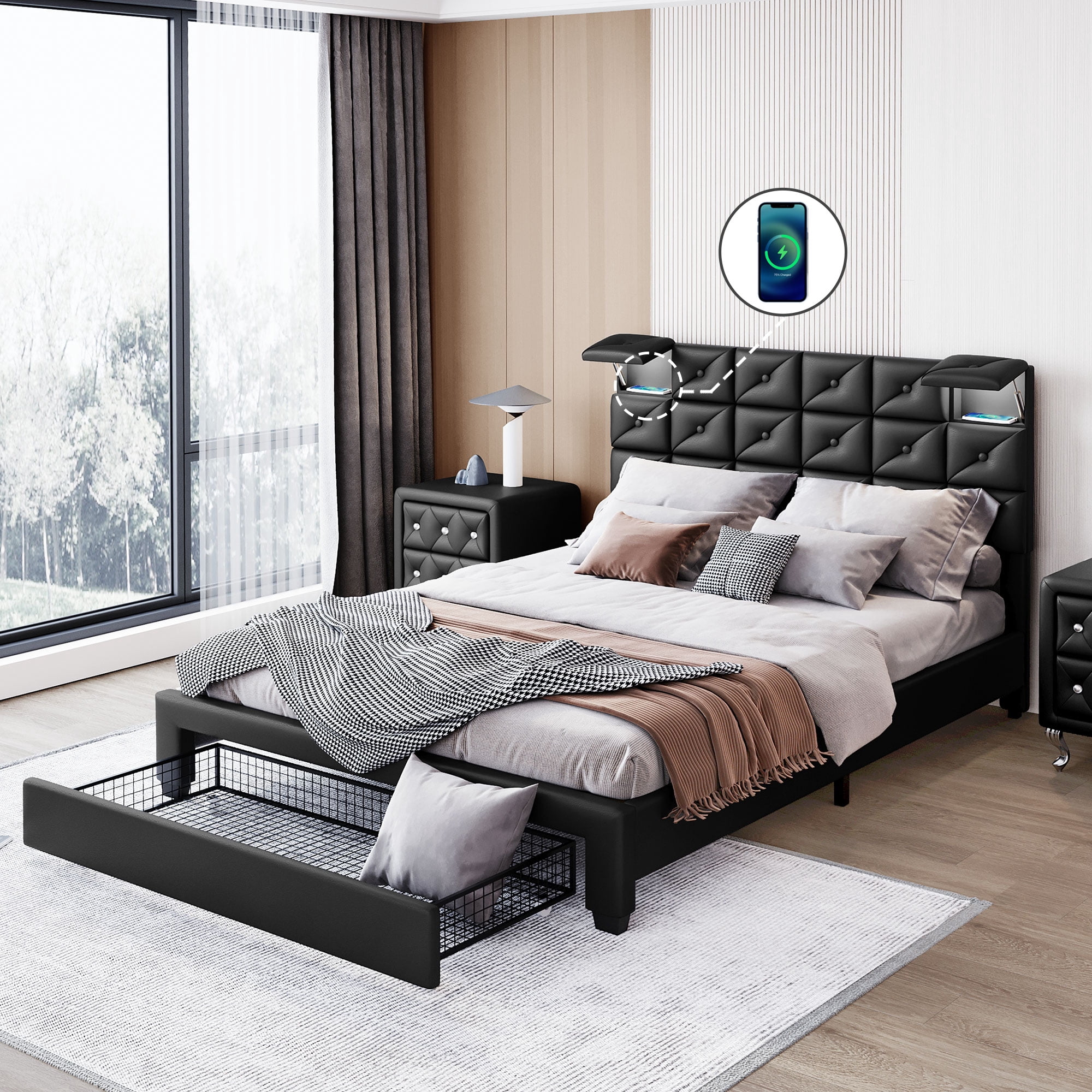 Queen Size Platform Bed with a Drawer, Velvet Upholstered Storage Bed ...