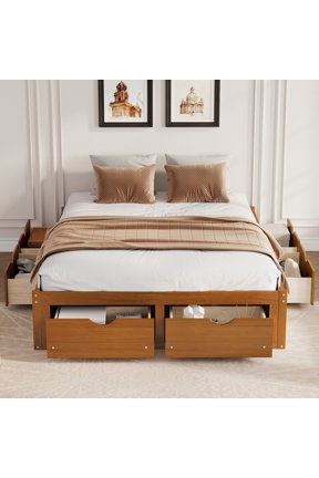 Queen Size Platform Bed with Drawers for Storage, Solid Wood Bed Frame without Headboard, Heavy Duty Support and Wood Slats, No Box Spring Needed, Walnut