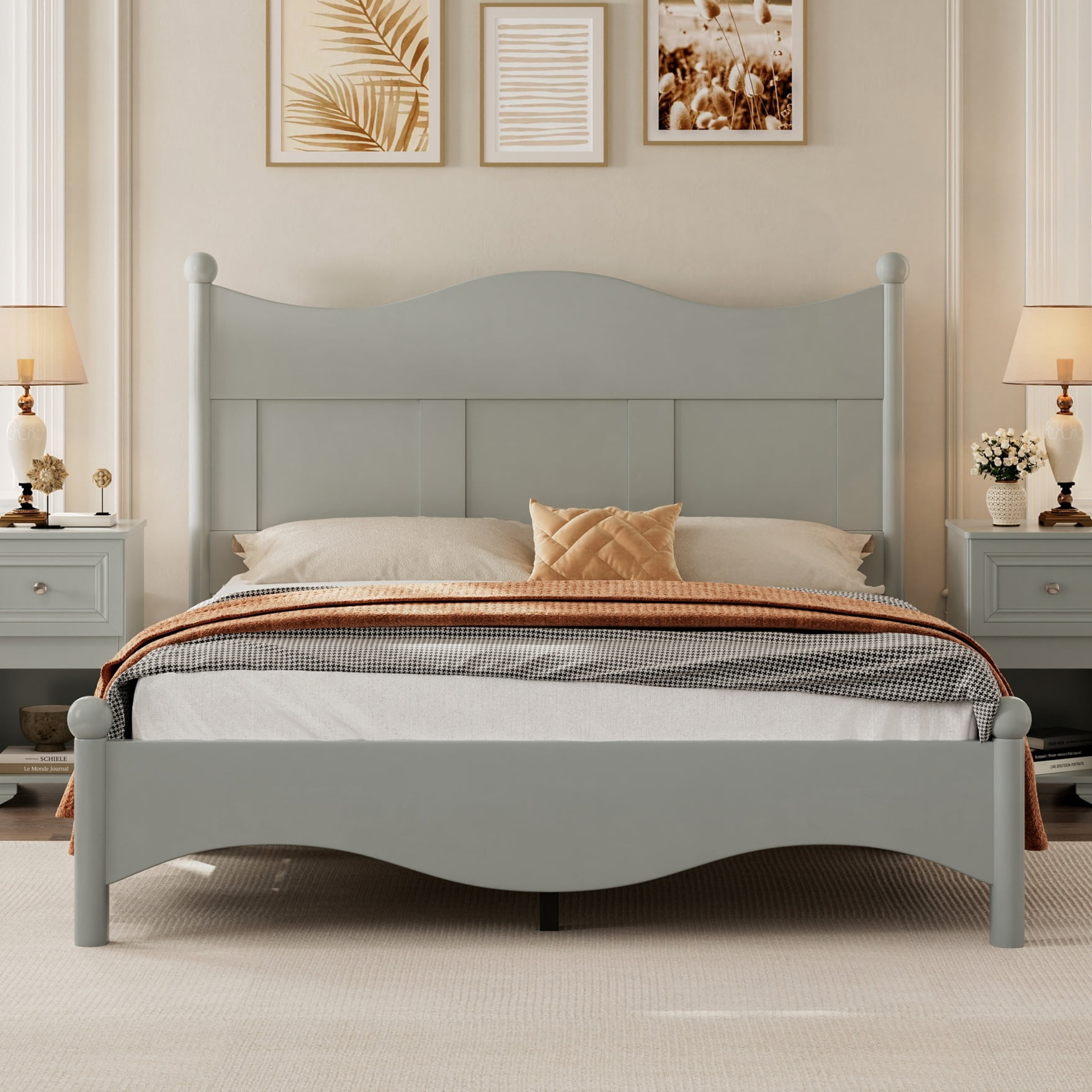 Queen Size Platform Bed, Elegant Wooden Bed with Headboard and Slat