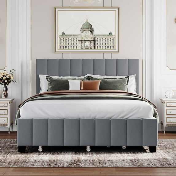 Queen Size Platform Bed Frame with 2 Drawers and 1 Twin XL Trundle, Modern Velvet Upholstered Bed Frame with Strong Solid Wood Slats Support, No Box Spring Needed