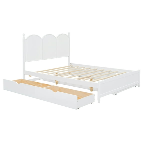 Queen Size Platform Bed Frame With 2 Storage Drawers And Headboard, Wood Bed Frame With Twin XL Pull Out Trundle For Bedroom And Apartment, No Box Spring Required