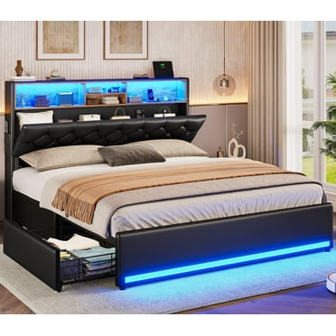 Queen Size Platform Bed Frame with 4 Drawers & Hidden Storage Headboard, Black PU Upholstered Bed Frame Queen with LED Light and Charging Station, Metal Slats,No Noise