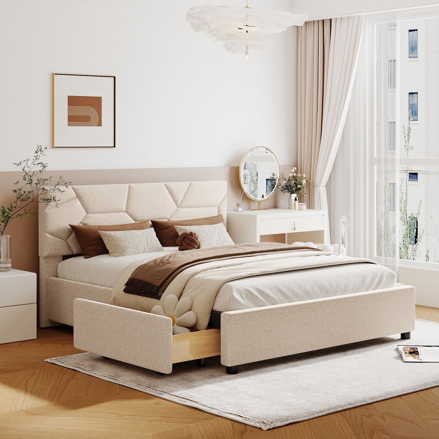 Queen Size Platform Bed Frame with 4 Storage Drawers, Upholstered Bed Frame with Brick Pattern Headboard and Strong Wooden Slats, Non-Slip & Queen Size Platform Bed Frame with 4 Storage Drawers, Upholstered Bed Frame with Brick Pattern Headboard and Strong Wooden Slats, Non-Slip &