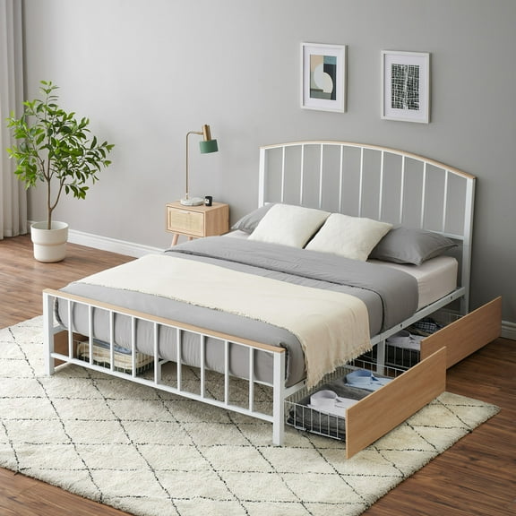 Queen Size Platform Bed Frame with 4 Storage Drawers on Wheels Queen Platform Bed Frame with Headboard and Footboard, Mattress Foundation with Metal Slats Support, No Box Spring Needed
