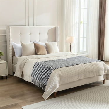 Queen Size Platform Bed Frame with 54" High Headboard and Nailhead Trim Wingback, Traditional Hand Buttoned Tufting Bed, No Box Spring Needed, Easy Assembly