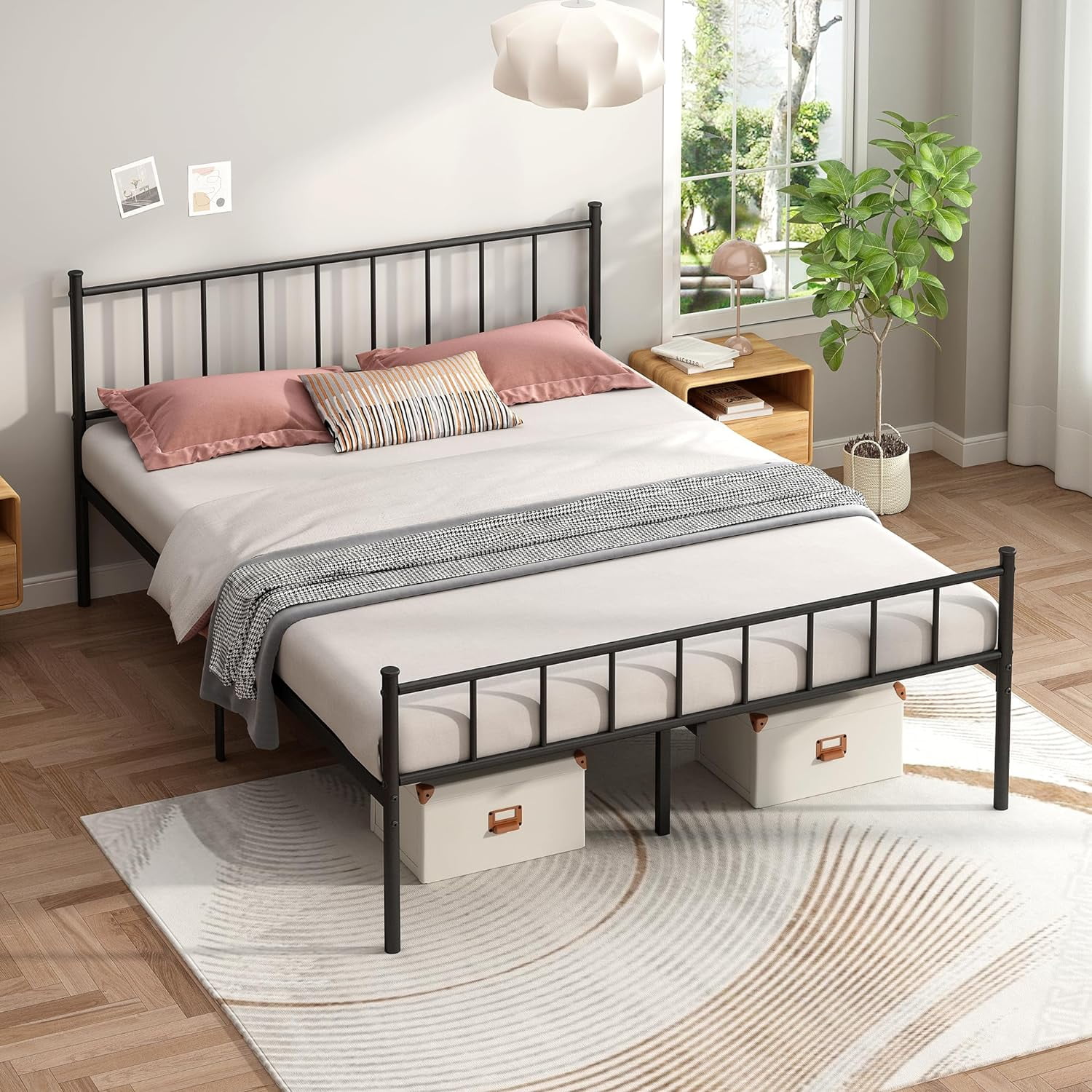 Queen Size Platform Bed Frame - Black Metal Bed Frame Heavy Duty Base ...
