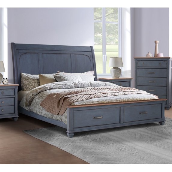 Queen Size Platform Bed Frame, Bridgevine Home Americana Sleigh Bed with Two Drawers,Wood Slats Support with Corduroy Blue Finish