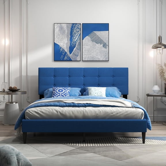 Queen Size Platform Bed Frame with Button Tufted Headboard and Wooden Slats, Modern Fabric Linen Upholstered Mattress Foundation, No Box Spring Needed, Easy Assembly, Navy Blue