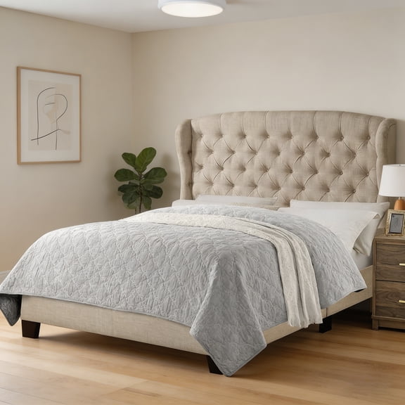 Queen Size Platform Bed Frame  Classical Design with Adjustable Button Tufted Headboard, Fabric Upholstered, Strong Wooden Slat Support, Easy Assembly, Beige
