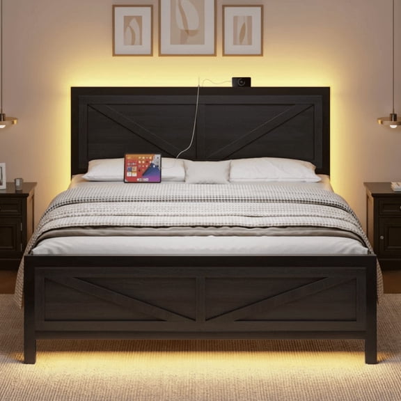 Queen Size Platform Bed Frame with LED Lights, USB Charging, and Farmhouse Barn Door Headboard, Strong Metal Slats Support, Noise Free, No Box Spring Needed, Black