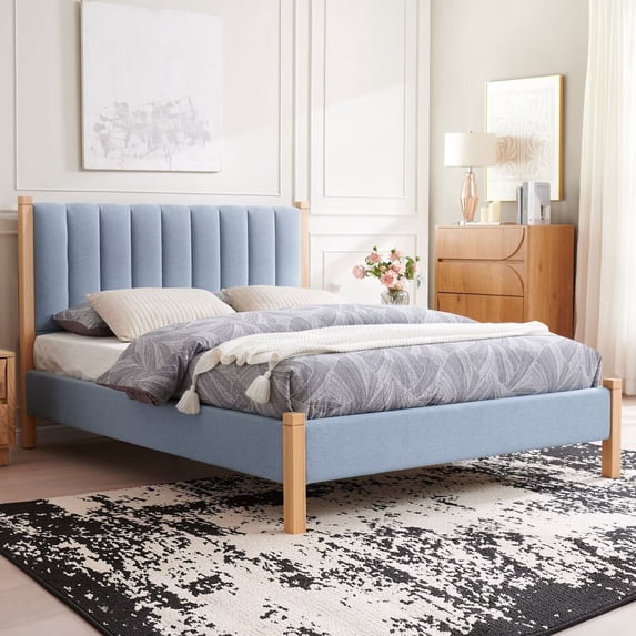 Queen Size Platform Bed Frame with Linen Upholstered Headboard, Strong Metal & Wooden Slats Support, Heavy Duty Feet, No Box Spring Needed/Noise-Free/Easy Assembly, Eco Friendly Packaging, Light Blue