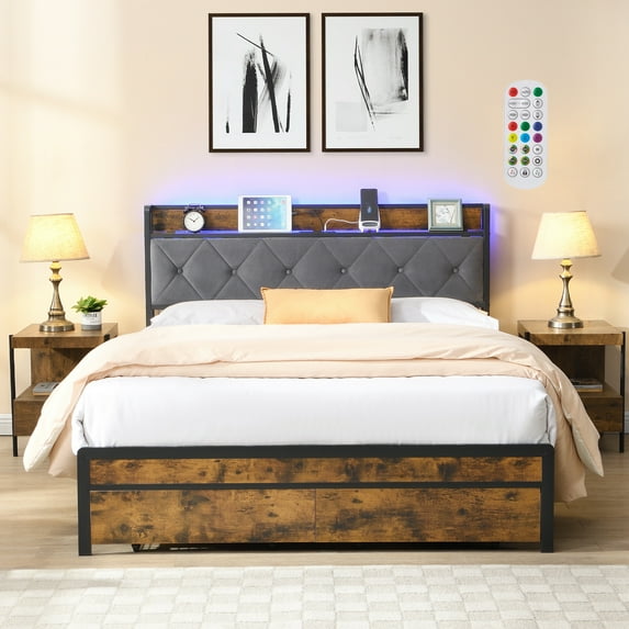 Queen Bed Frame with Upholstered Headboard and LED Light, SYNGAR Platform Bed Frame with Charging Station and 2 Drawers, No Box Spring Needed, Easy Assembly, Oak Color