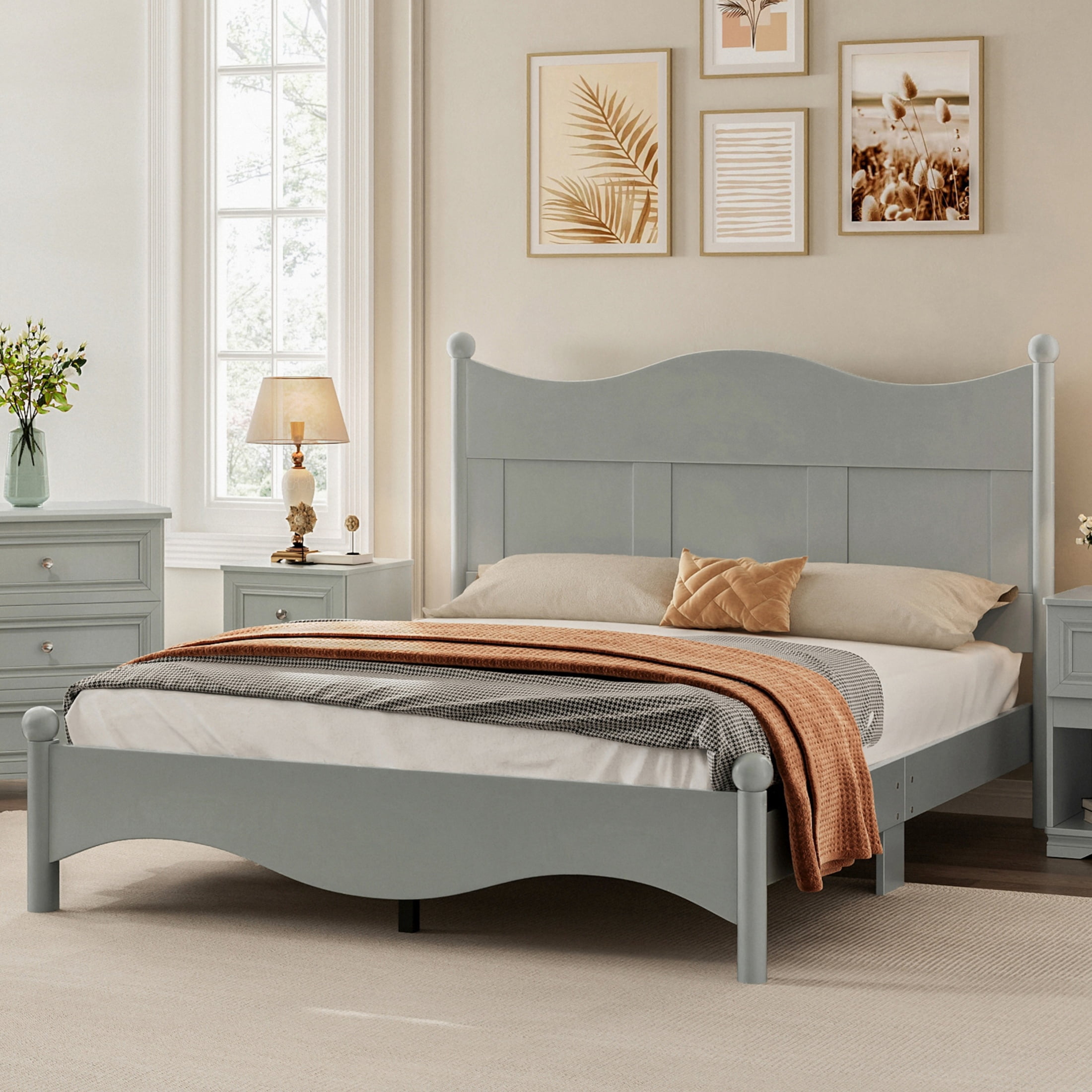 Queen Size Platform Bed Frame,Retro Style Wooden Queen Bed Frame with — free download