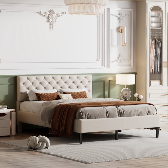 Queen Size Platform Bed Frame, SEGMART Modern Luxe Velvet Platform Bed Frame with Button Tufted Headboard, Fabric Upholstered Bed Frame with Slat Support for Adults, No Box Spring Needed, Beige