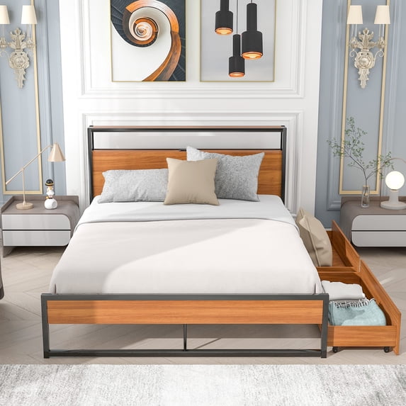 Queen Size Platform Bed Frame with Sockets and USB Ports, Modern Sleigh Bed with 2 Storage Drawers and Heavy Duty Wood Slats Support, Platform Bed for Kids, Teens, Adults and Elders, Black