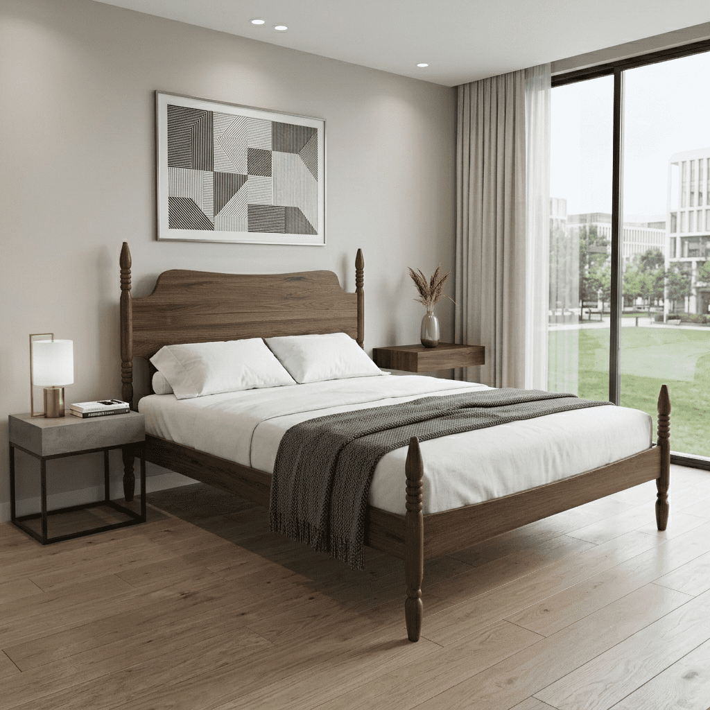 Queen Size Platform Bed Frame,Spindle 4-Poster Bed with Curved Tall Headboard, No Box Spring Needed, Walnut Finish, 800 lbs Capacity