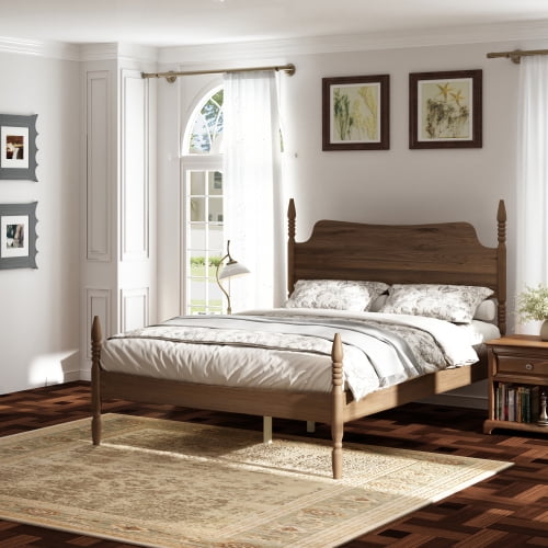 Queen Size Platform Bed Frame, Spindle Bed with Curved Tall Headboard, Retro Four Poster Bed, No Box Spring Needed, for Master Bedroom, Walnut
