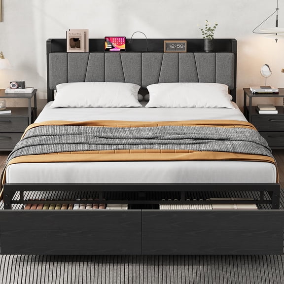 Queen Size Platform Bed Frame with Storage Headboard – 2 Large Soft-Pack Drawers – Built-in Type-C Charging Station – Heavy Duty Metal & Wood – Noise-Free – No Box Season Needed – Black