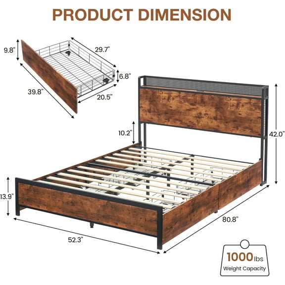 Queen Size Platform Bed Frame with Storage Headboard and 4 Drawers, LED Bed Frame with USB Ports, Strong Wood Slats Support, Retro Style Full Bed Frame with Headboard