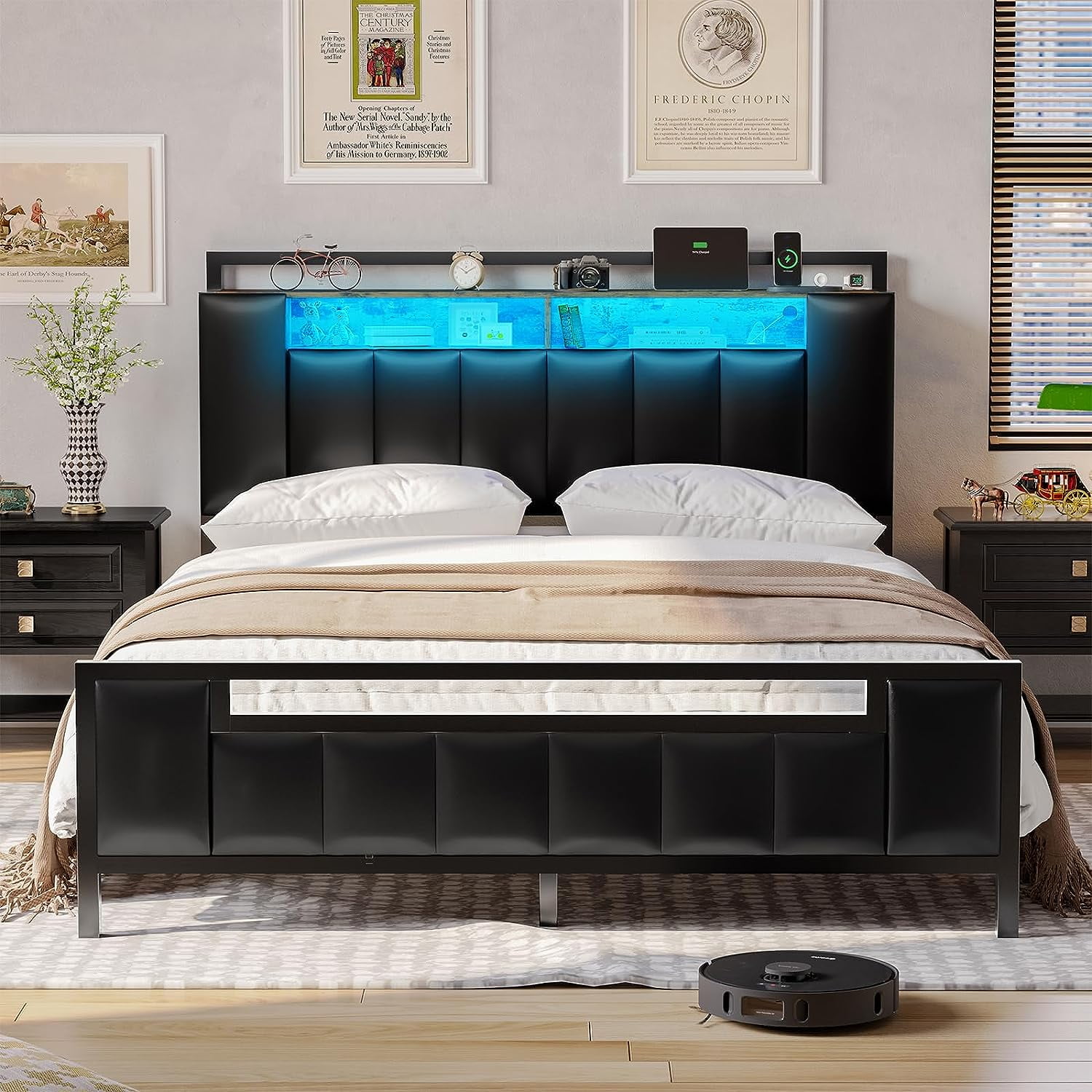 Queen Size Platform Bed Frame with Storage Headboard and LED Lights and