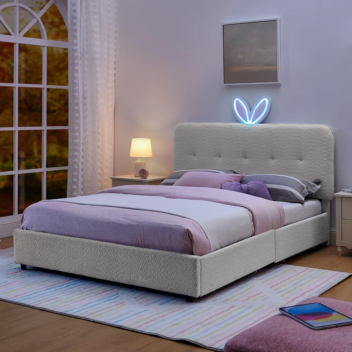 Queen Size Platform Bed Frame, Upholstered Bed Frame with Rabbit Ear Headboard, Boucle Montessori Beds with LED Lights & Bluetooth Music, for Bedroom, Apartment, Easy Assembly, Beige