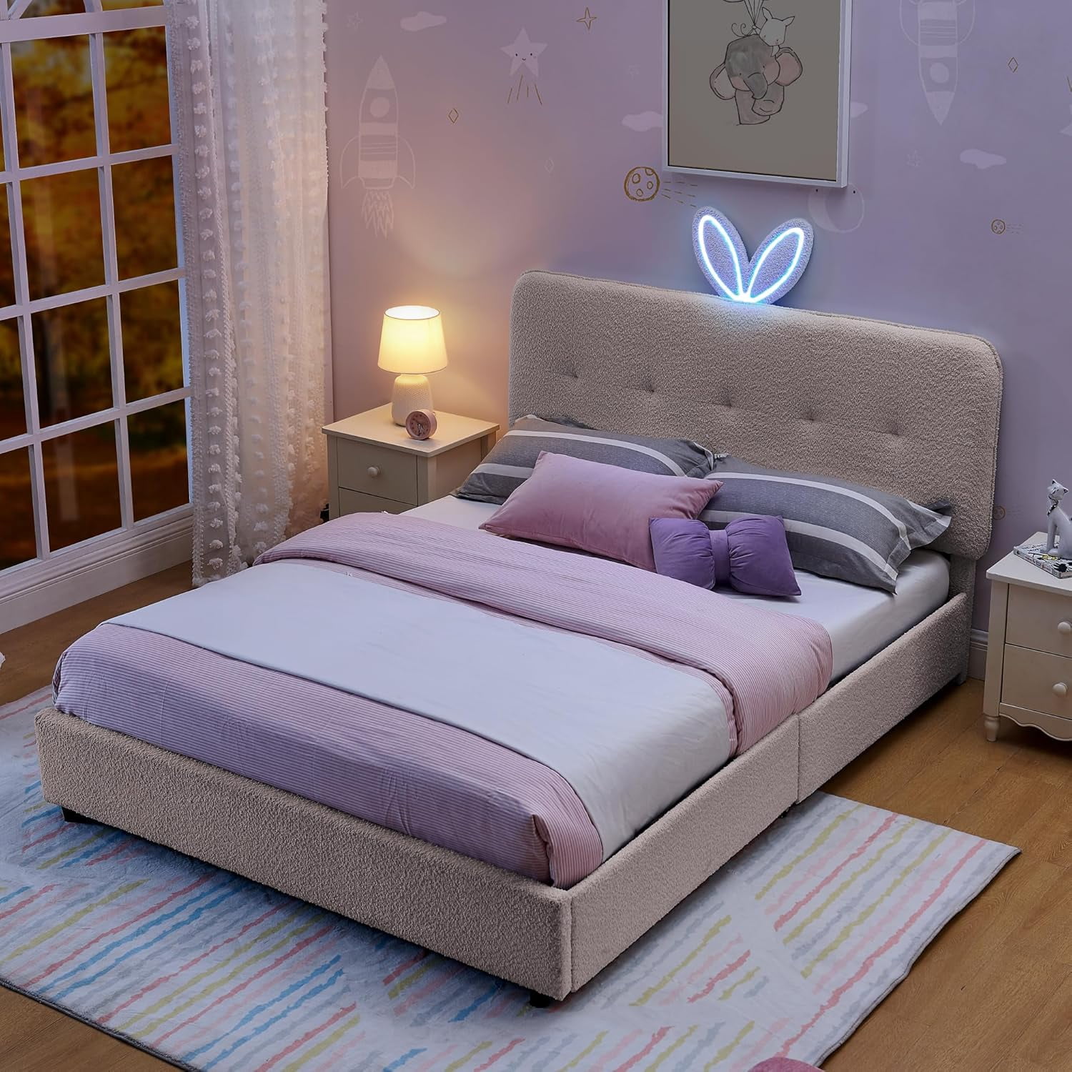Queen Size Platform Bed Frame, Upholstered Bed Frame with Rabbit Ear Headboard, Boucle Montessori Beds with LED Lights & Bluetooth Music, for Bedroom, Apartment, Easy Assembly, Pink