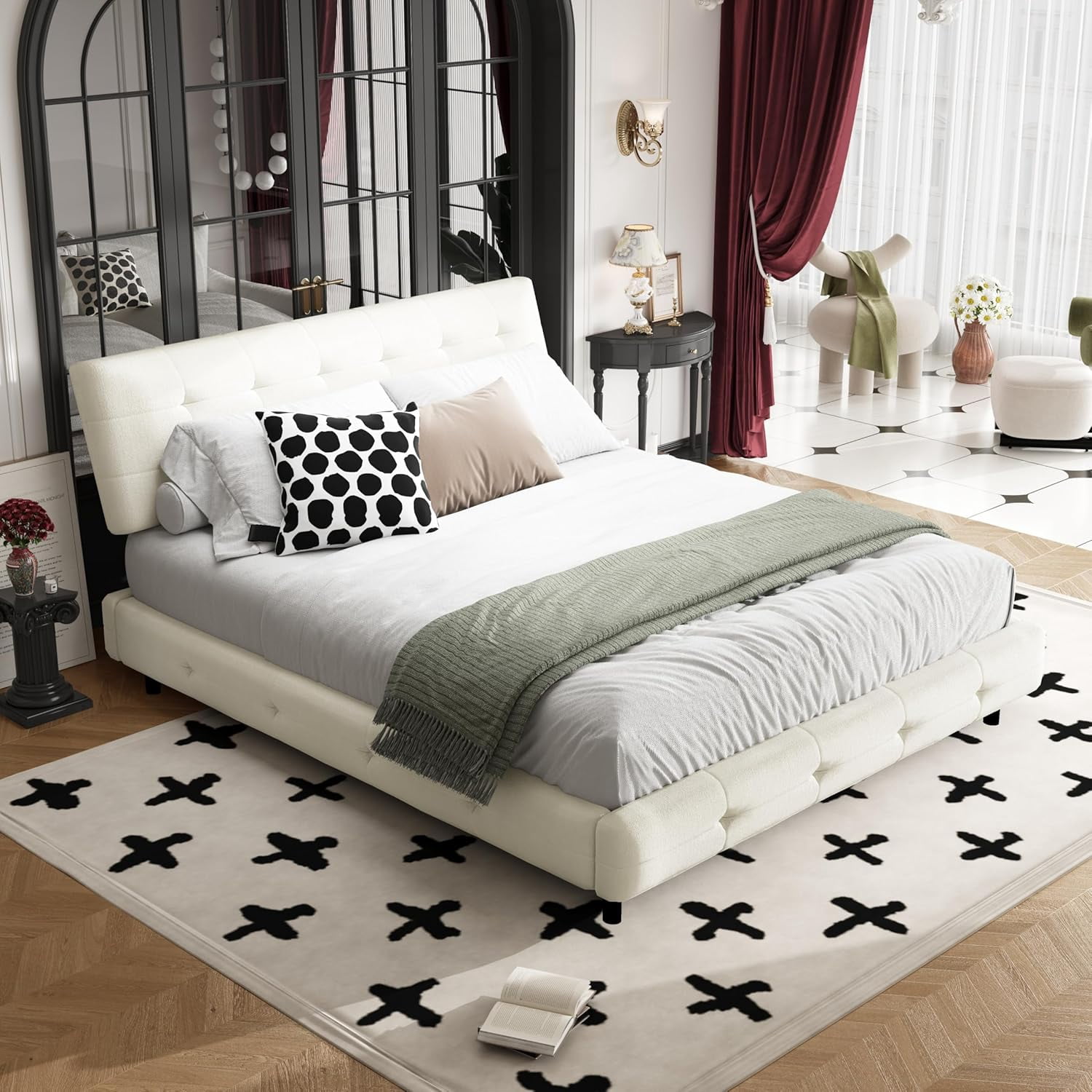 Queen Size Platform Bed Frame, Upholstered Chenille Tufted Headboard, Heavy Duty Metal, Wood Slat Support, Mattress Foundation, No Box Spring Needed, Noise-Free, Easy Assembly, Bedroom, Beige