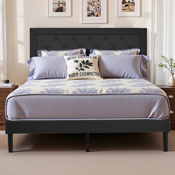 Queen Size Platform Bed Frame with Upholstered Headboard, Button Tufted Design, Strong Wooden Slats, No Box Spring Needed, Easy Assembly, Noise Free, Dark Gray