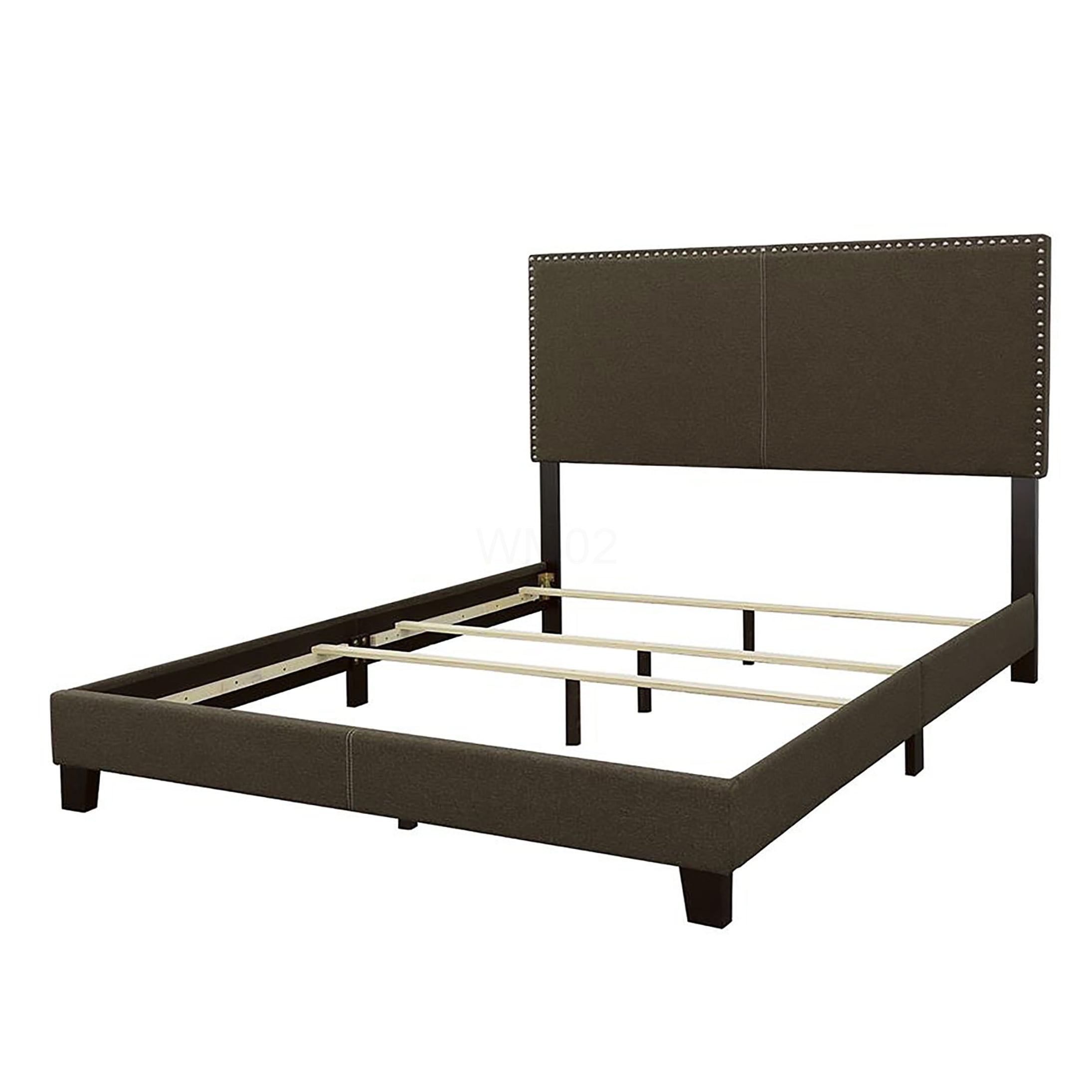 Queen Size Platform Bed Frame with Upholstered Headboard, Modern Charcoal Fabric Bed with Wood Slat Support, No Box Spring Needed, Chrome Nailhead Trim