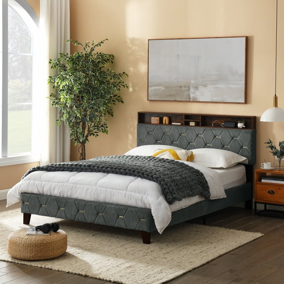 Queen Size Platform Bed Frame, Upholstered Platform Bed with Storage Headboard, Outlet & USB Ports, Wood Legs, No Box Spring Needed, Grey