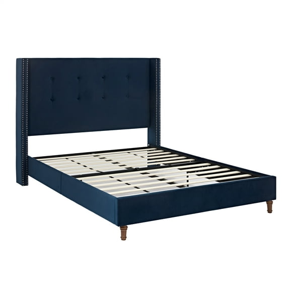 Queen Size Platform Bed Frame, Upholstered Queen Bed With 54" High Headboard And Nailhead Trim Wingback, Traditional Hand Buttoned Tufting Bed, No Box Spring Needed