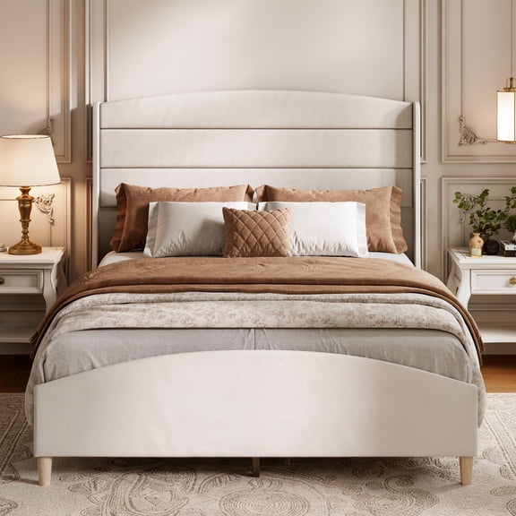 Queen Size Platform Bed Frame Upholstered Wingback Headboard Raised Footboard Sturdy Wooden Slats Noise Free No Box Spring Needed Light White