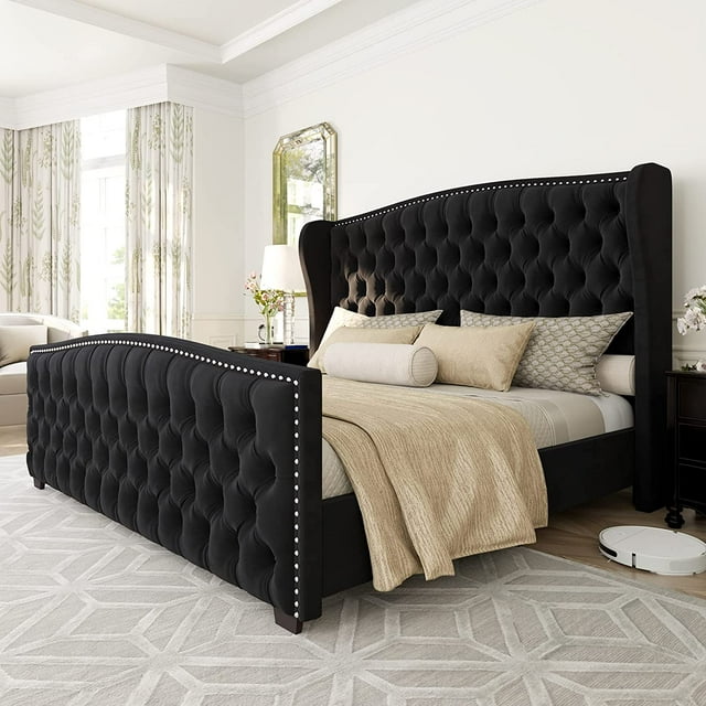 Queen Size Platform Bed Frame Velvet Upholstered Bed with Deep Button Tufted & Nailhead Trim
