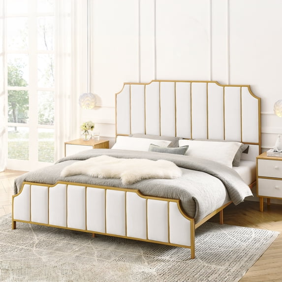 Queen Size Platform Bed Frame, Velvet Upholstered Bed with Gold Trim Headboard