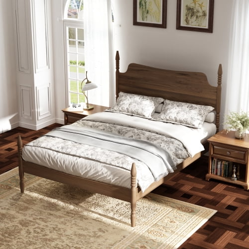 Queen Size Platform Bed Frame, Walnut Spindle Four Poster Bed with Curved Tall Headboard, No Box Spring Needed, Wood Slat Support, Retro Farmhouse Mid Century Style Bedroom Bed Frame, Walnut