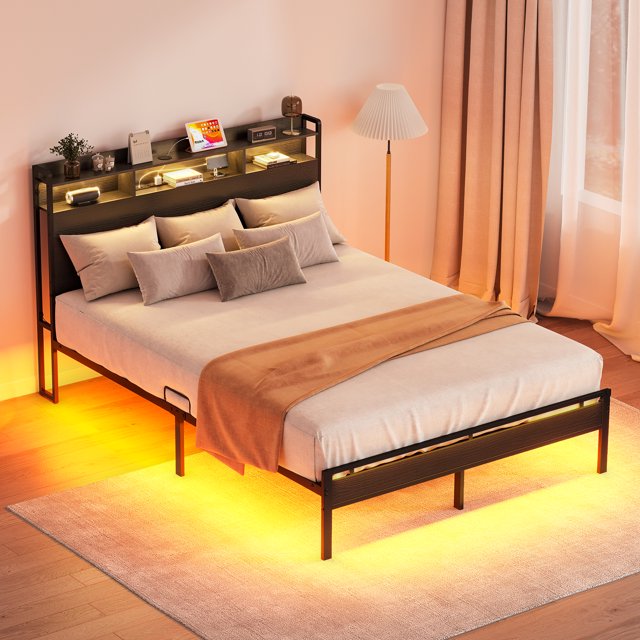 Queen Size Platform Bed Frame with 3 Outlets & 2 USB Charging Ports